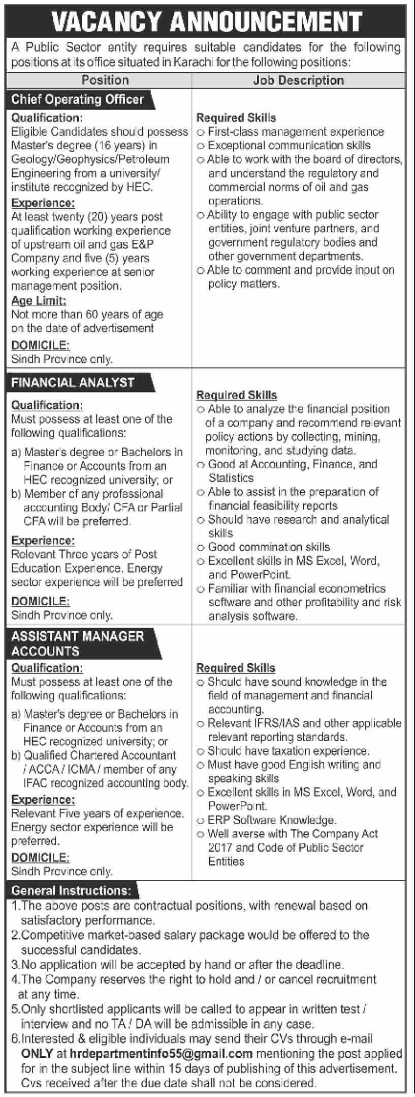 Public Sector Organization Karachi Jobs 2024