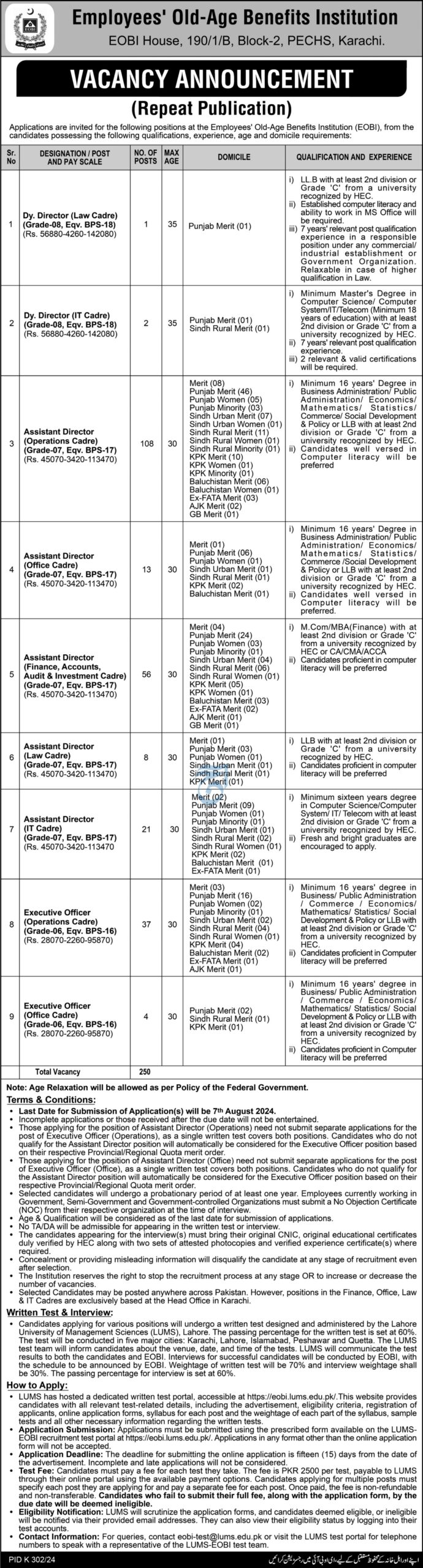 Employees Old Age Benefits Institution EOBI Jobs 2024