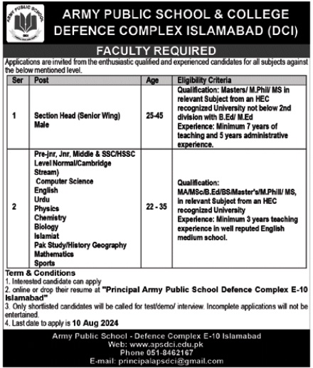 Army Public School And College APSC Jobs 2024