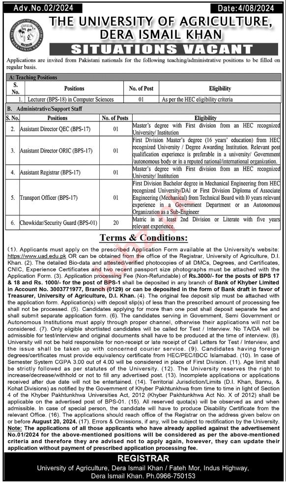 The University Of Agriculture Dera Ismail Khan Jobs 2024