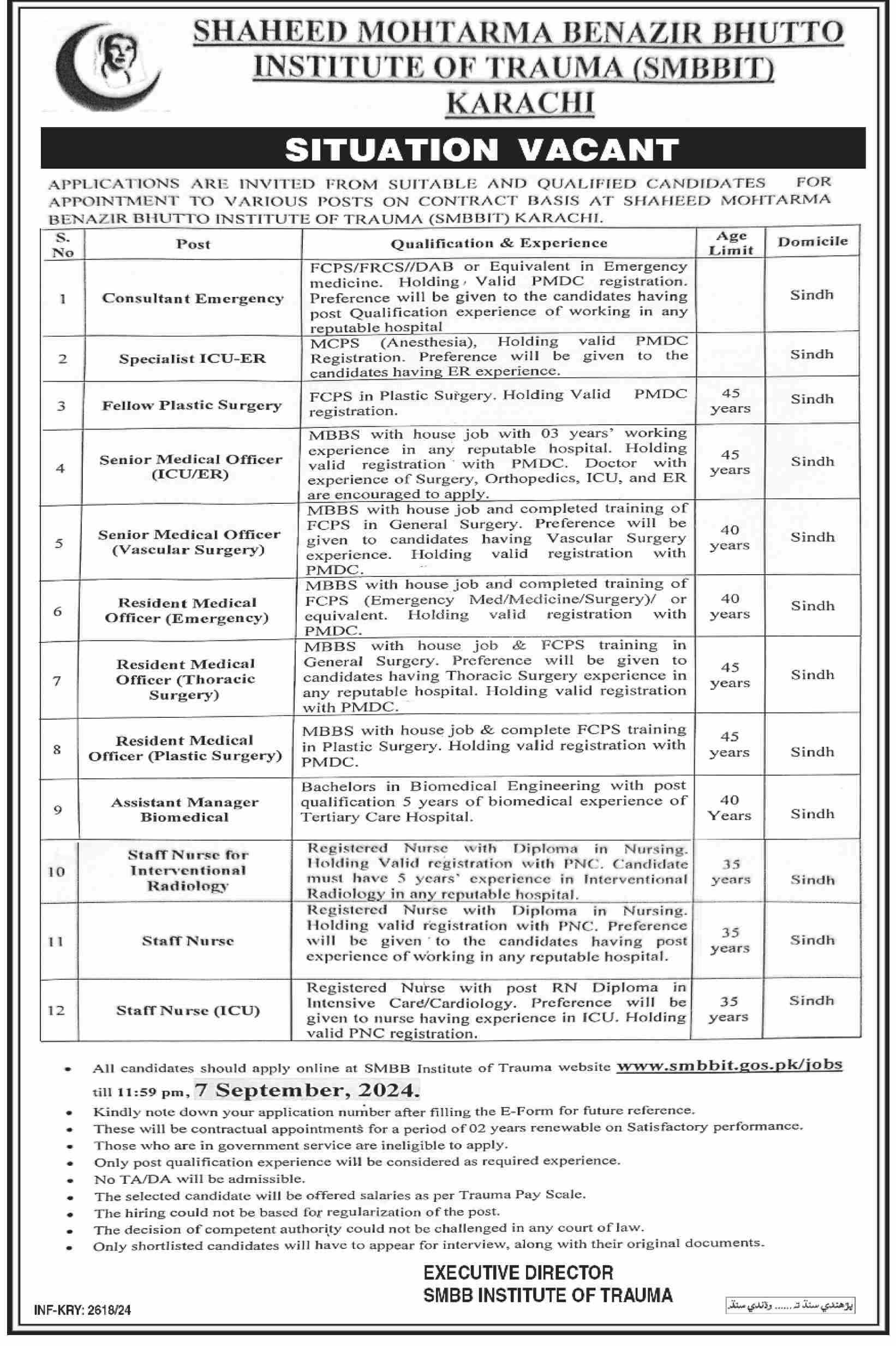 Benazir Bhutto Institute Of Trauma Karachi Apply Jobs 2024