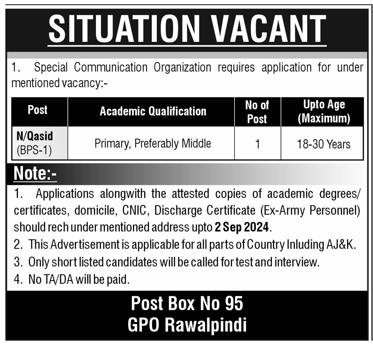 Special Communication Organization SCO Rawalpindi Apply Jobs 2024