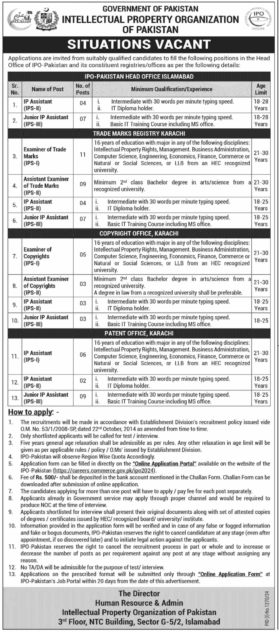 Intellectual Property Organization Of Pakistan Islamabad Apply Jobs 2024