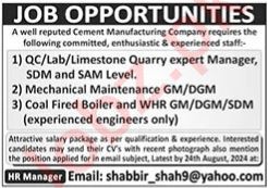 Cement Manufacturing Company Lahore Jobs 2024