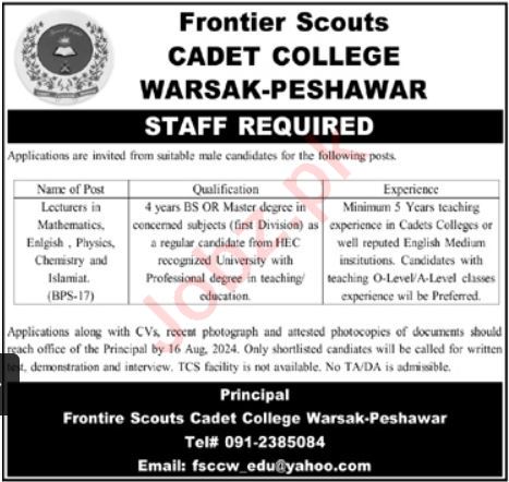 Frontier Scouts Cadet College Warsak jobs 2024