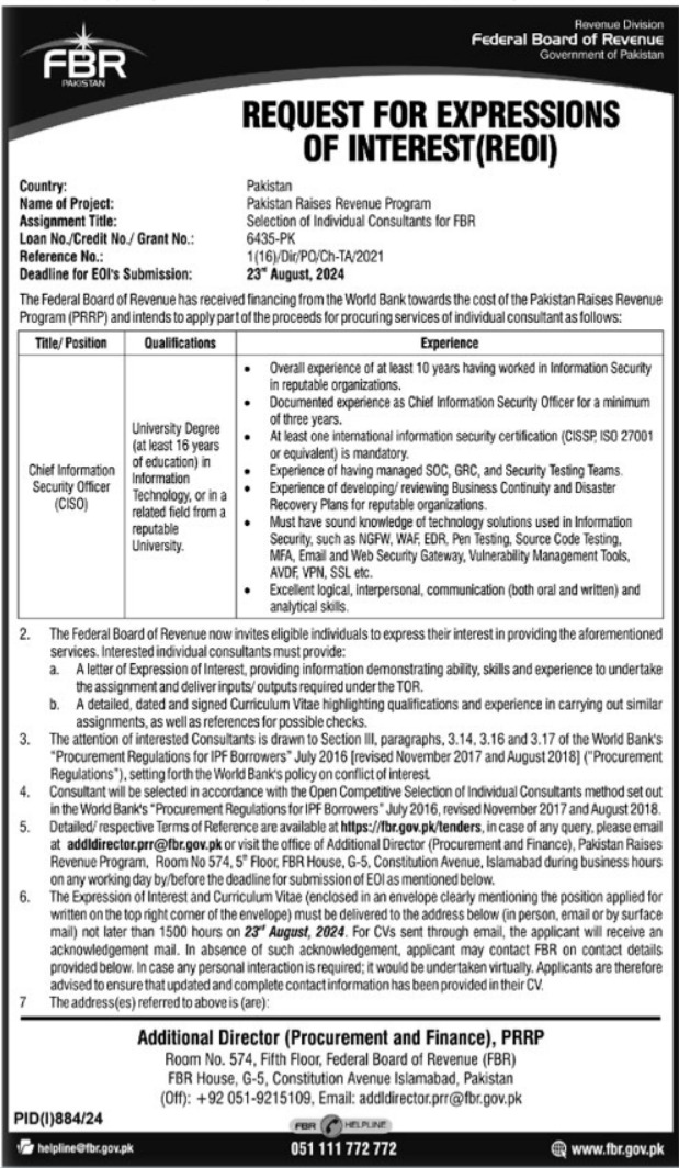 Federal Board Of Revenue FBR Jobs 2024