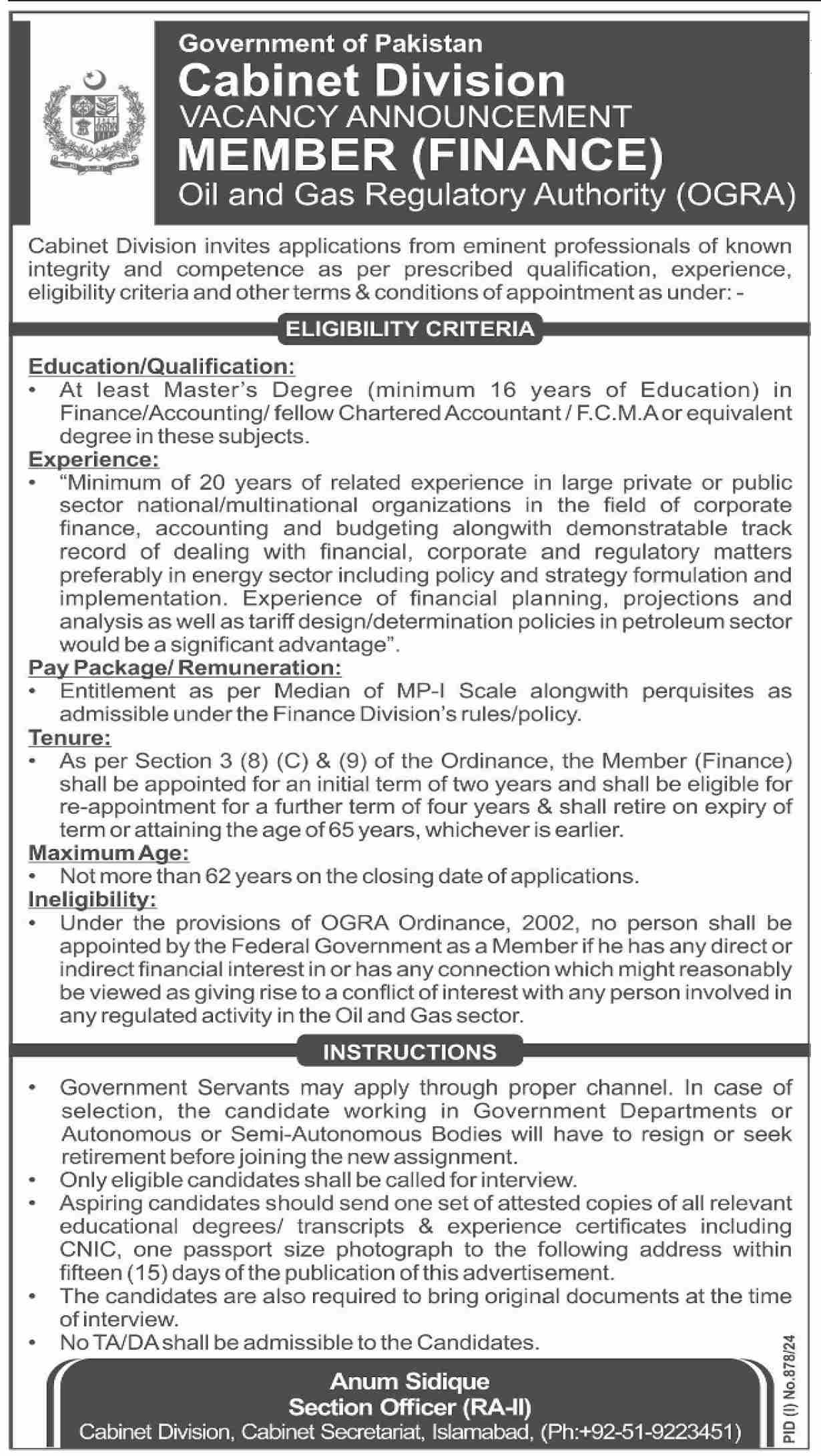 Cabinet Division Islamabad Job 2024