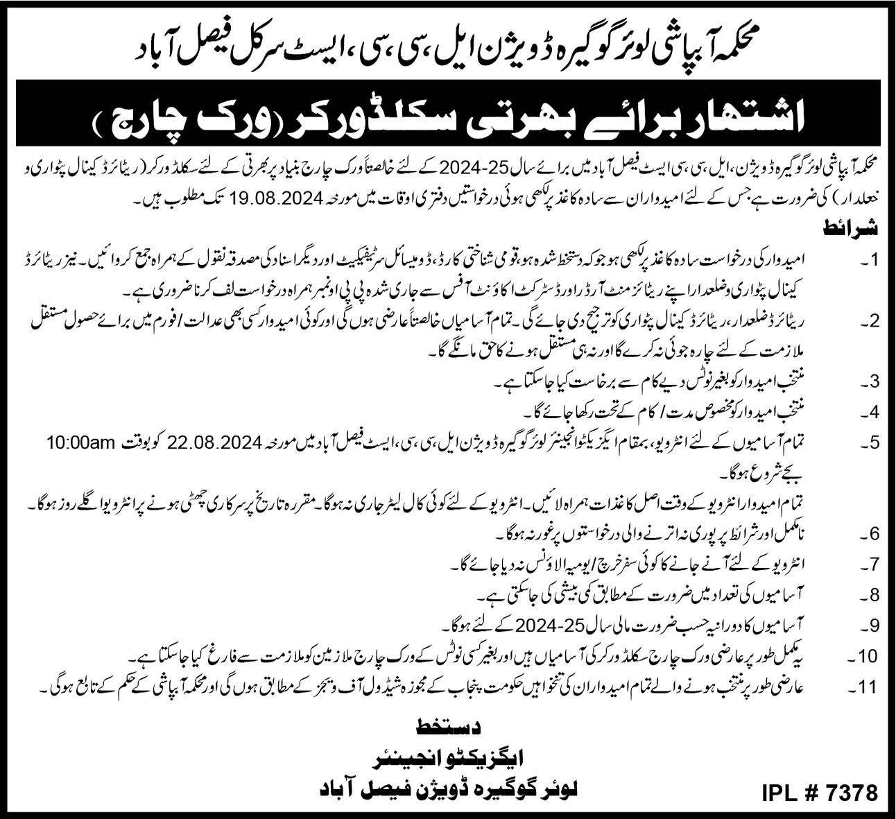 Irrigation Department Faisalabad Job 2024 