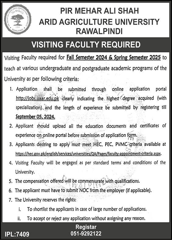 Pir Mehr Ali Shah Arid Agriculture University UAAR Jobs 2024