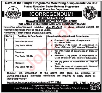 Punjab Education Sector Reform Program PESRP Lahore Jobs 2024