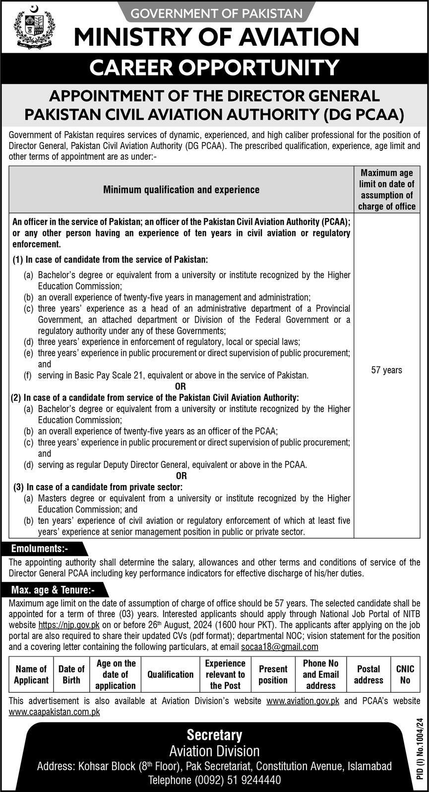 Ministry Of Aviation Islamabad Apply Jobs 2024