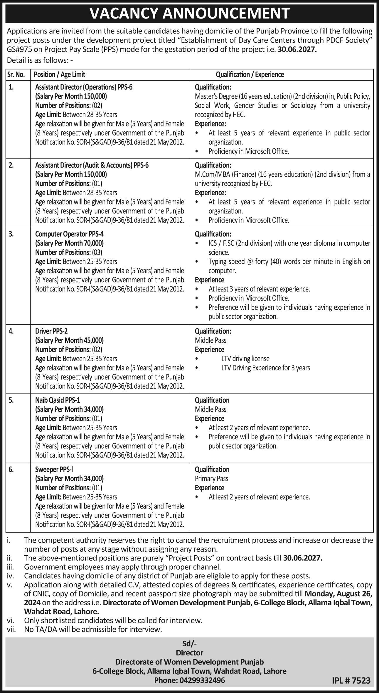 Directorate Of Women Development Apply Jobs 2024