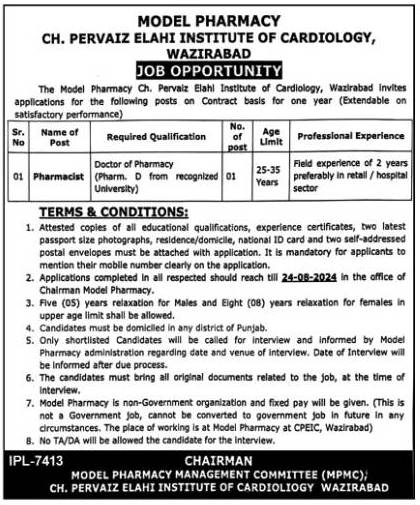 CH Pervaiz Elahi Institute Of Cardiology Job 2024