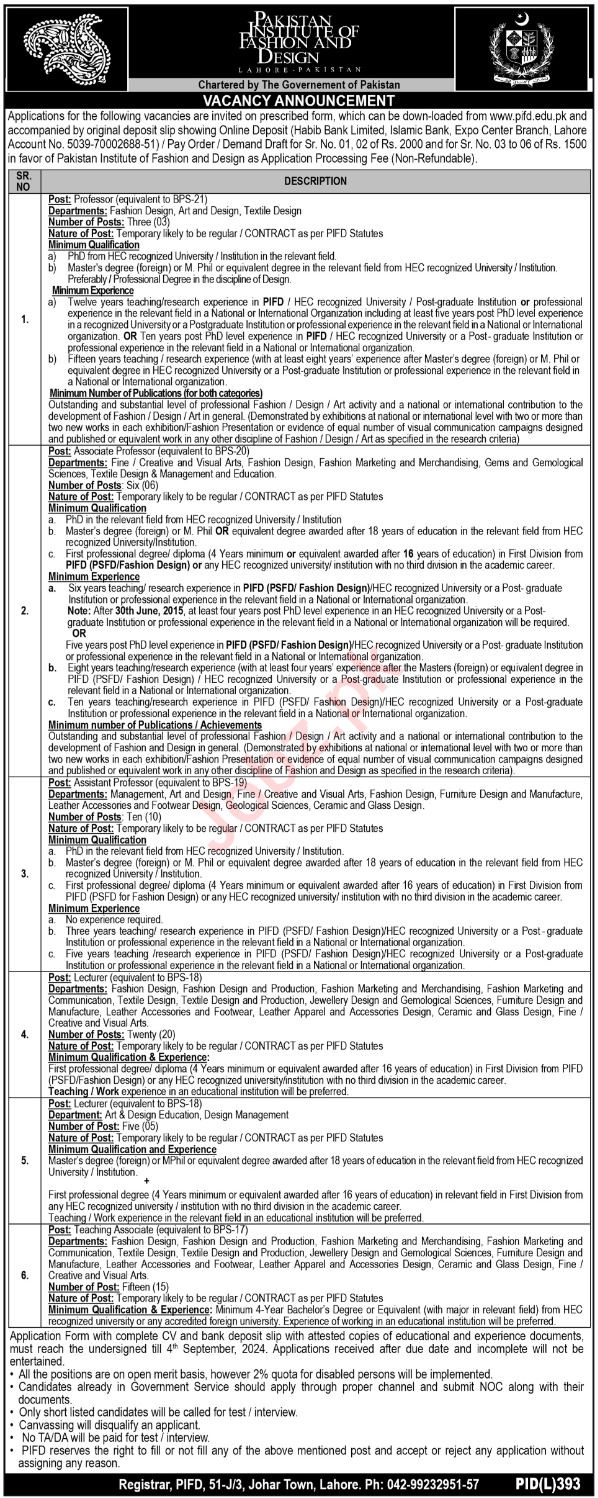 Pakistan Institute Of Fashion And Design PIFD Jobs 2024