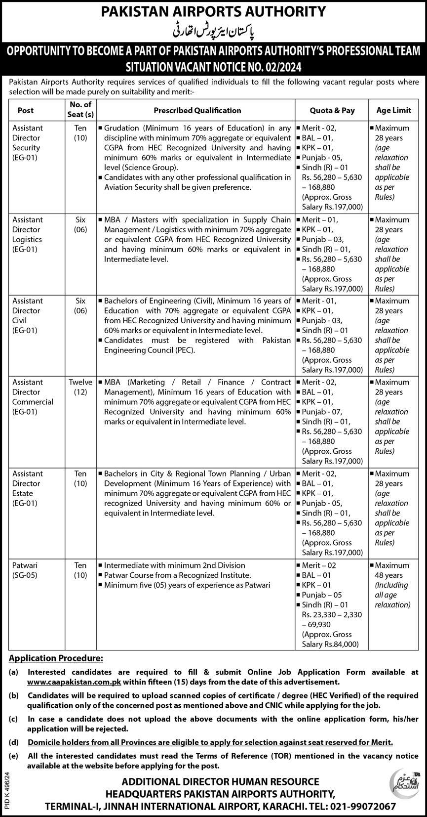 Pakistan Airports Authority PAA Karachi Apply Jobs 2024