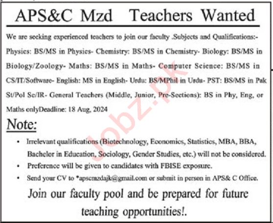 Army Public School College Muzaffarabad Jobs 2024