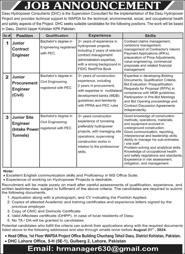 Dasu Hydropower Cosultants DHC Apply Jobs 2024