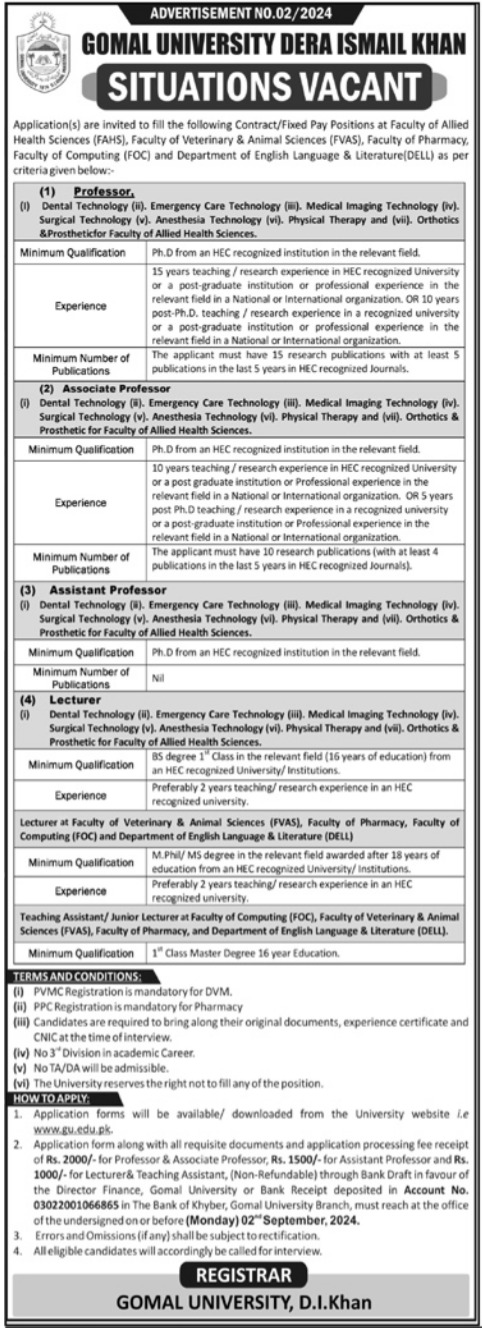 Gomal University Dera Ismail Khan Apply Jobs 2024