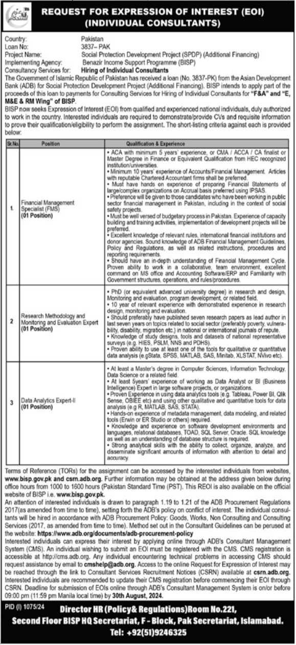 Benazir Income Support Programme BISP Apply Jobs 2024