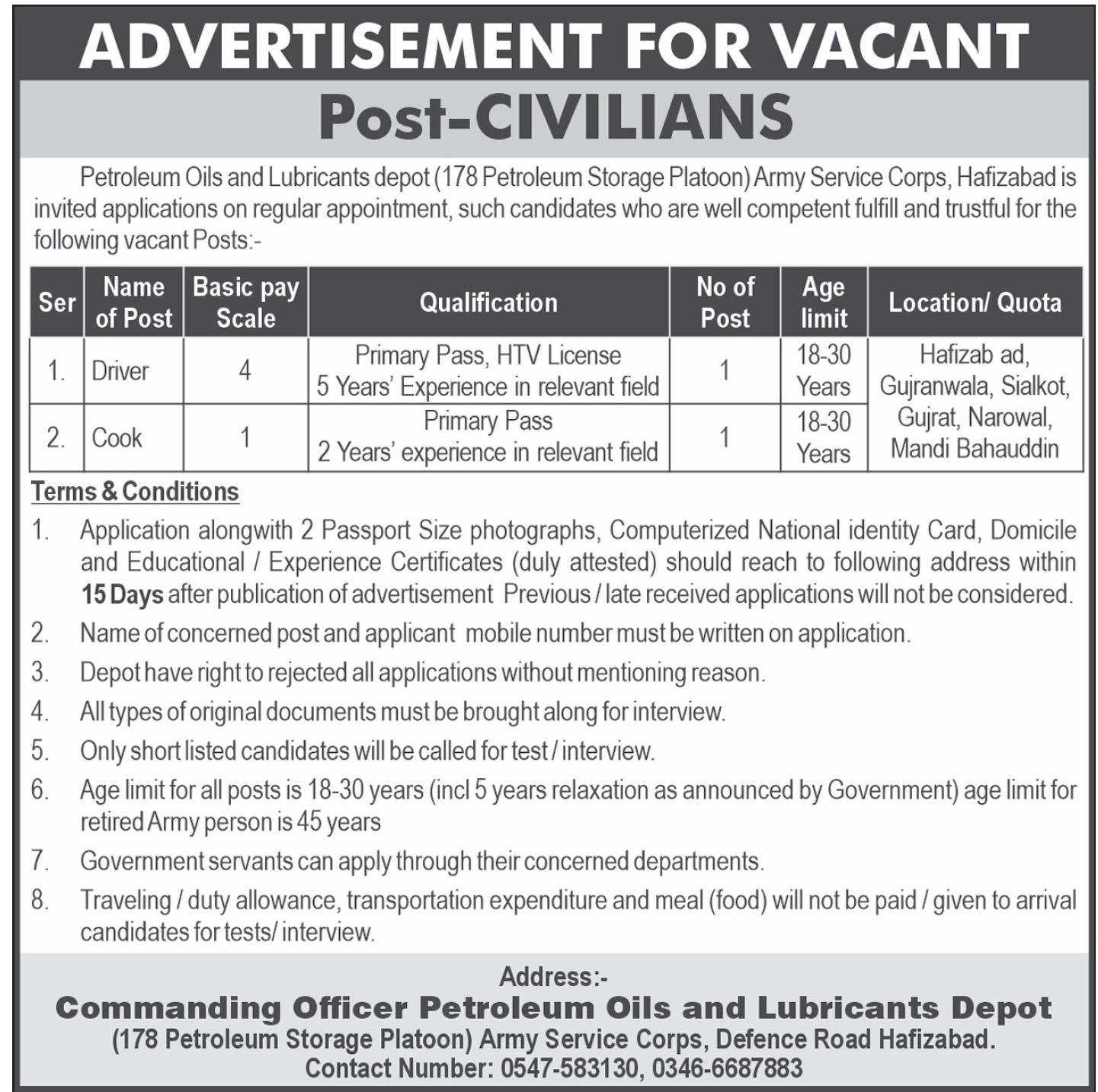 Petroleum Oil And Lubricant Depot Hafizabad Apply Jobs 2024