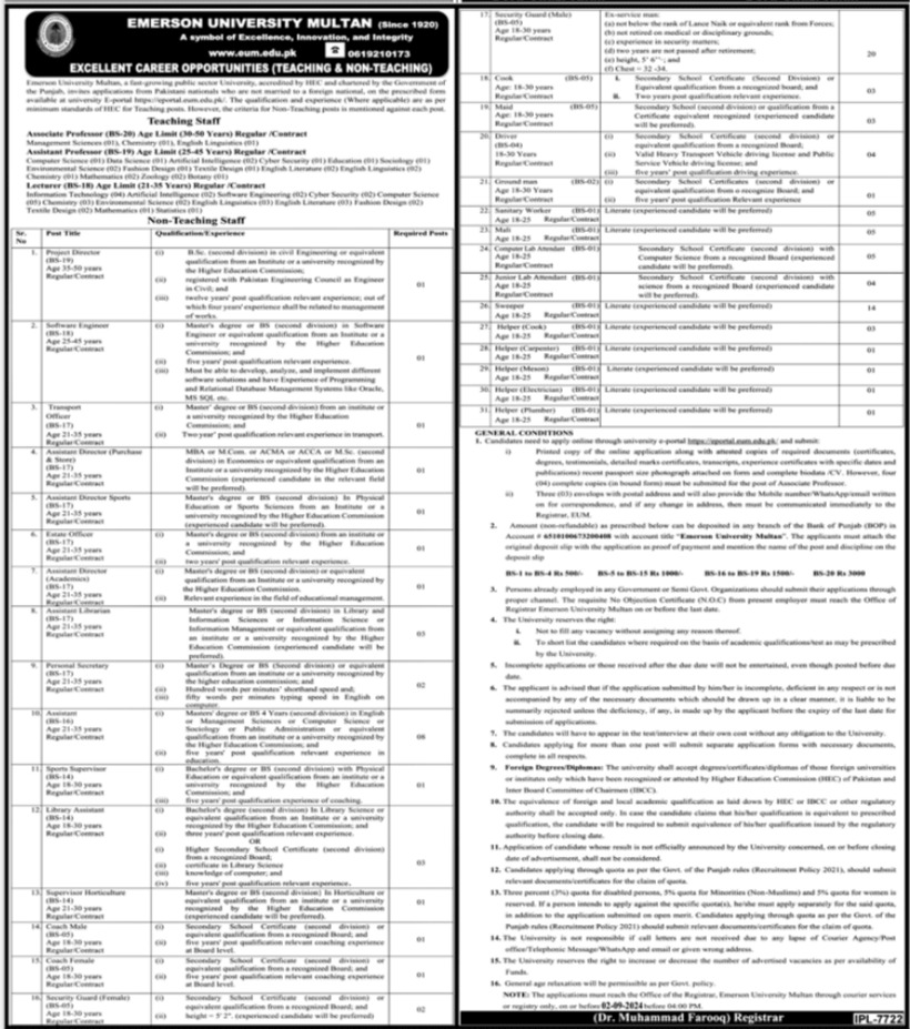 Emerson University Multan Apply Jobs 2024