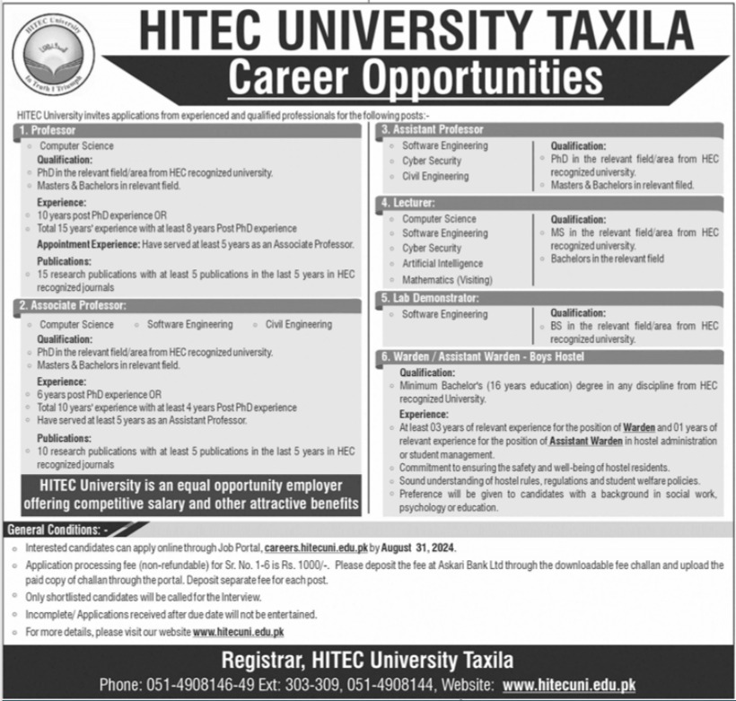 HITEC University Taxila Apply Jobs 2024