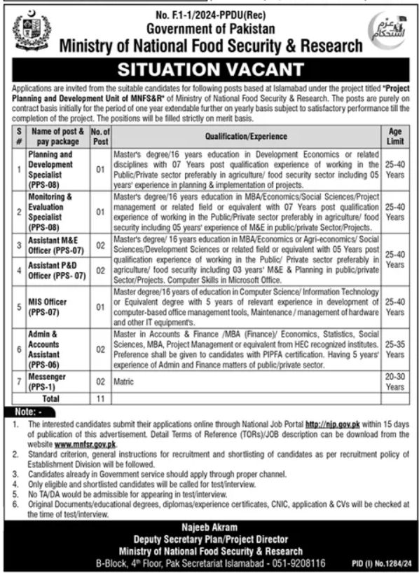 Ministry Of National Food Security Islamabad Apply Jobs 2024