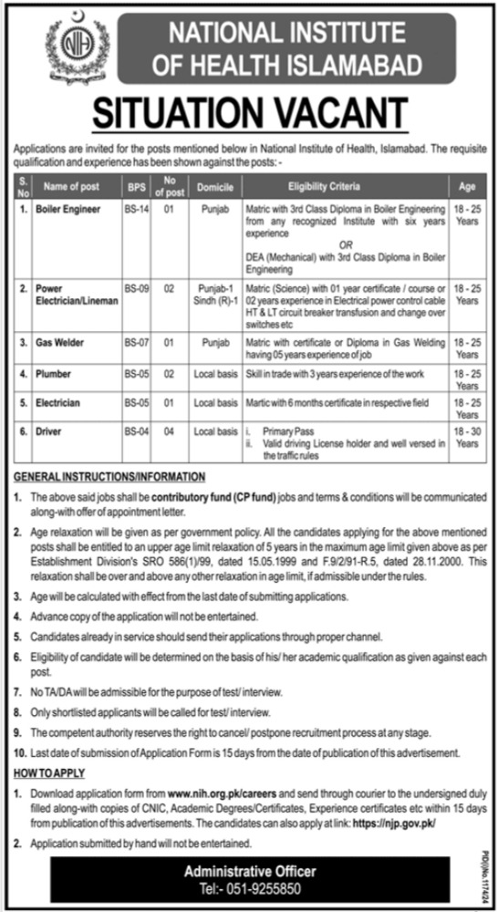 National Institute Of Health NIH Islamabad Apply Jobs 2024