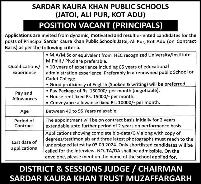 Sardar Kaura Khan Public School Kot Addu Apply Jobs 2024