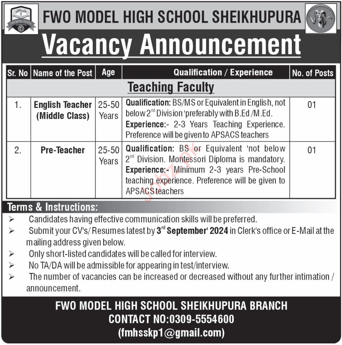 FWO Model High School Sheikhupura Apply Jobs 2024