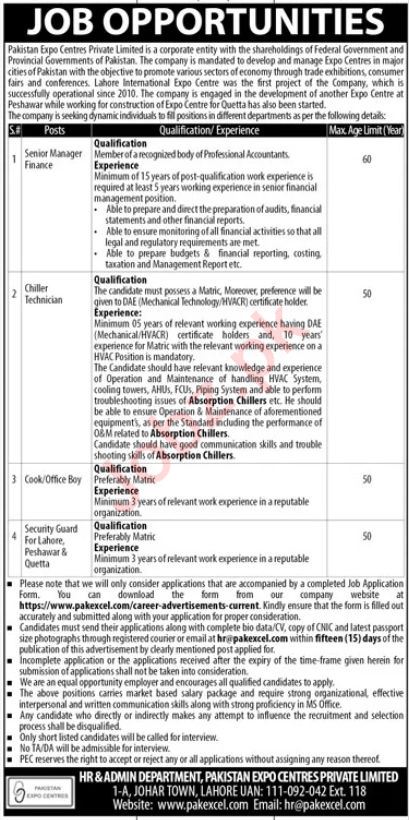 Pakistan Expo Centres Lahore Apply Jobs 2024