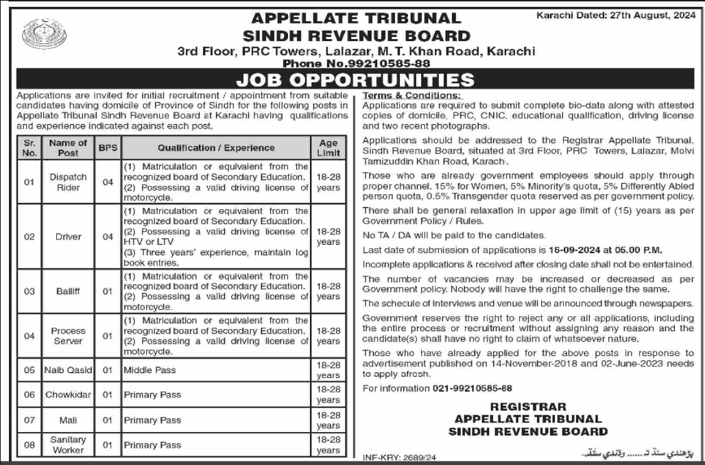 Sindh Revenue Board SRB Apply Karachi Jobs 2024