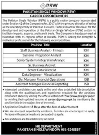 Pakistan Single Window PSW Islamabad Apply Jobs 2024