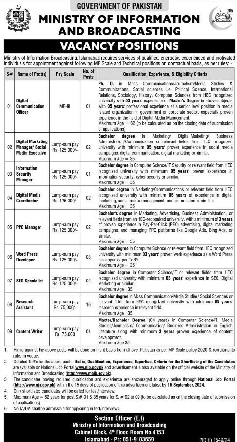 Ministry Of Information And Broadcasting Jobs 2024 