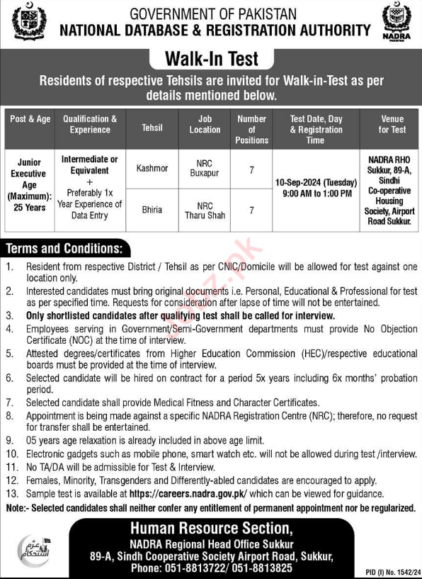 National Database And Registration Authority Sukkur Job 2024