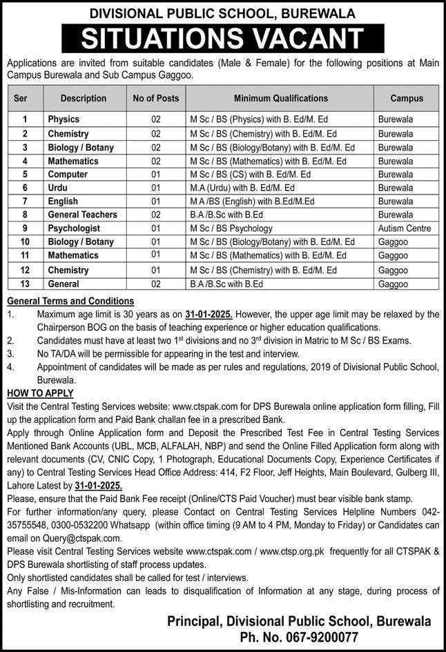 Divisional Public School  Burewala Jobs December 2024 Last Date