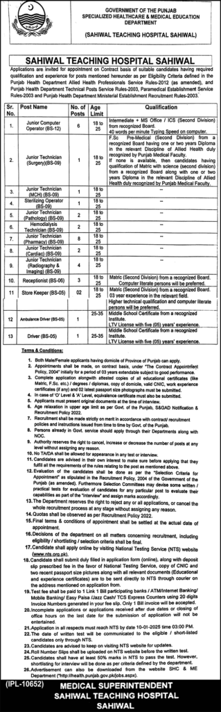 Sahiwal Teaching Hospital Jobs 2024 - Application Form