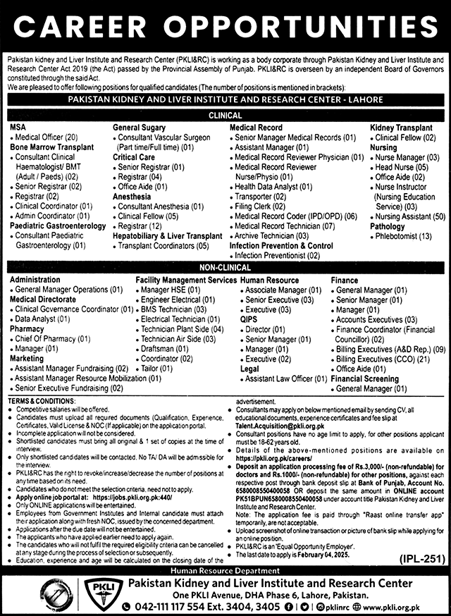 PKLI&RC Pakistan Kidney And Liver Institute Jobs 2025 