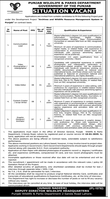 Punjab wildlife and Parks Department Jobs 2025 Online Apply