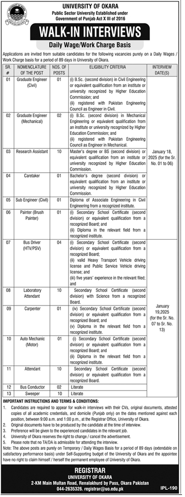 University of Okara Jobs 2025 in Pakistan