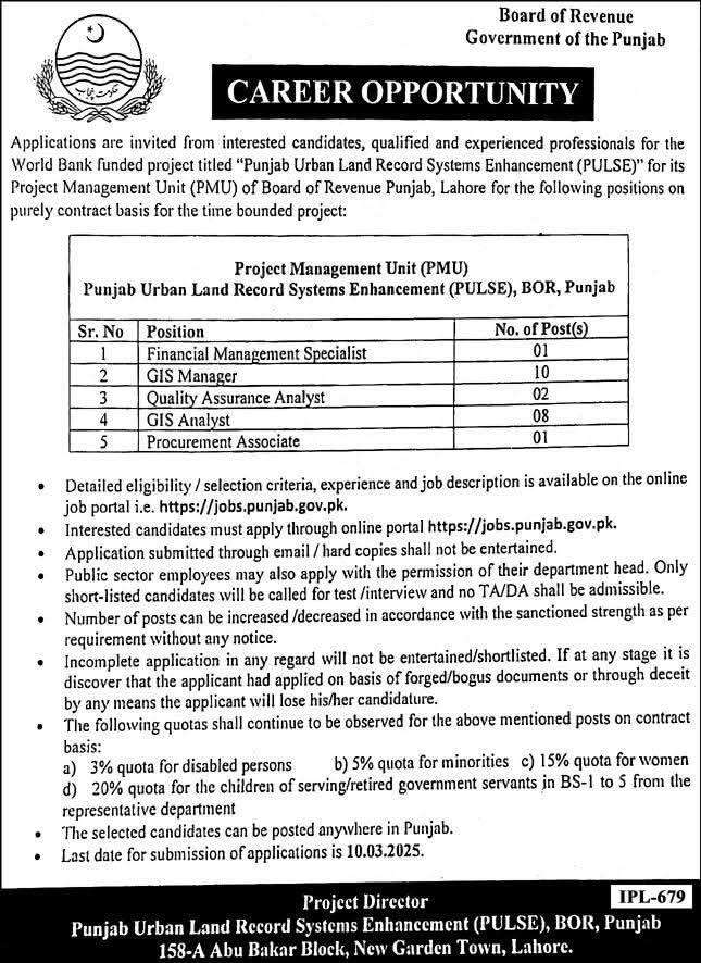 Board of Revenue Government of the Punjab Jobs 2025