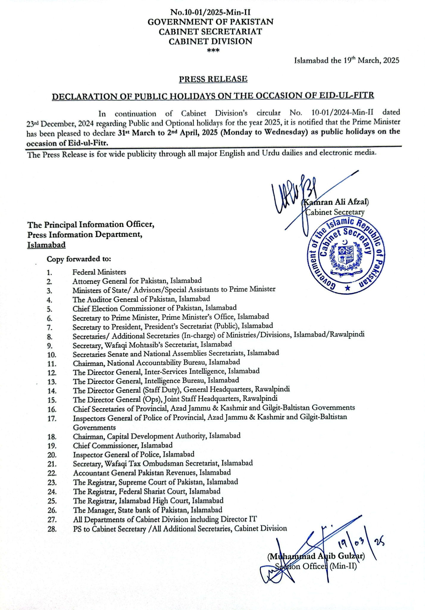 Notification Eid-ul-Fitr Holidays 2025