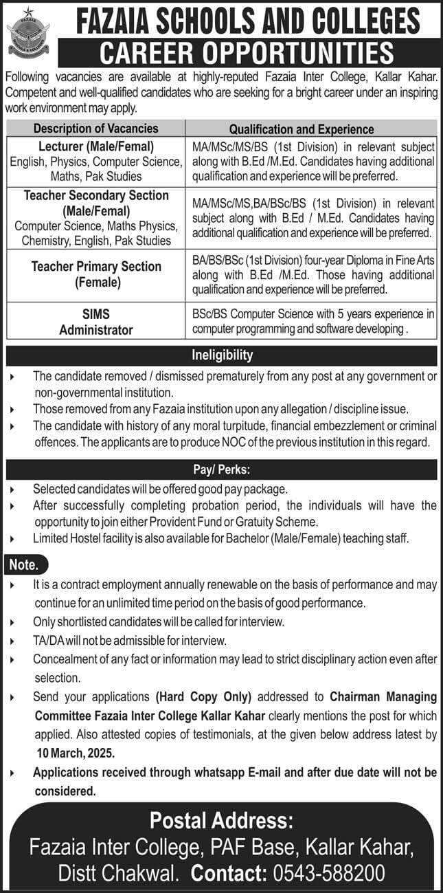 Teaching and Administrative Jobs Fazaia Inter College 2025