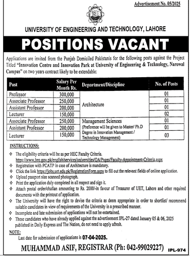 University of Engineering and Technology, Lahore Jobs 2025