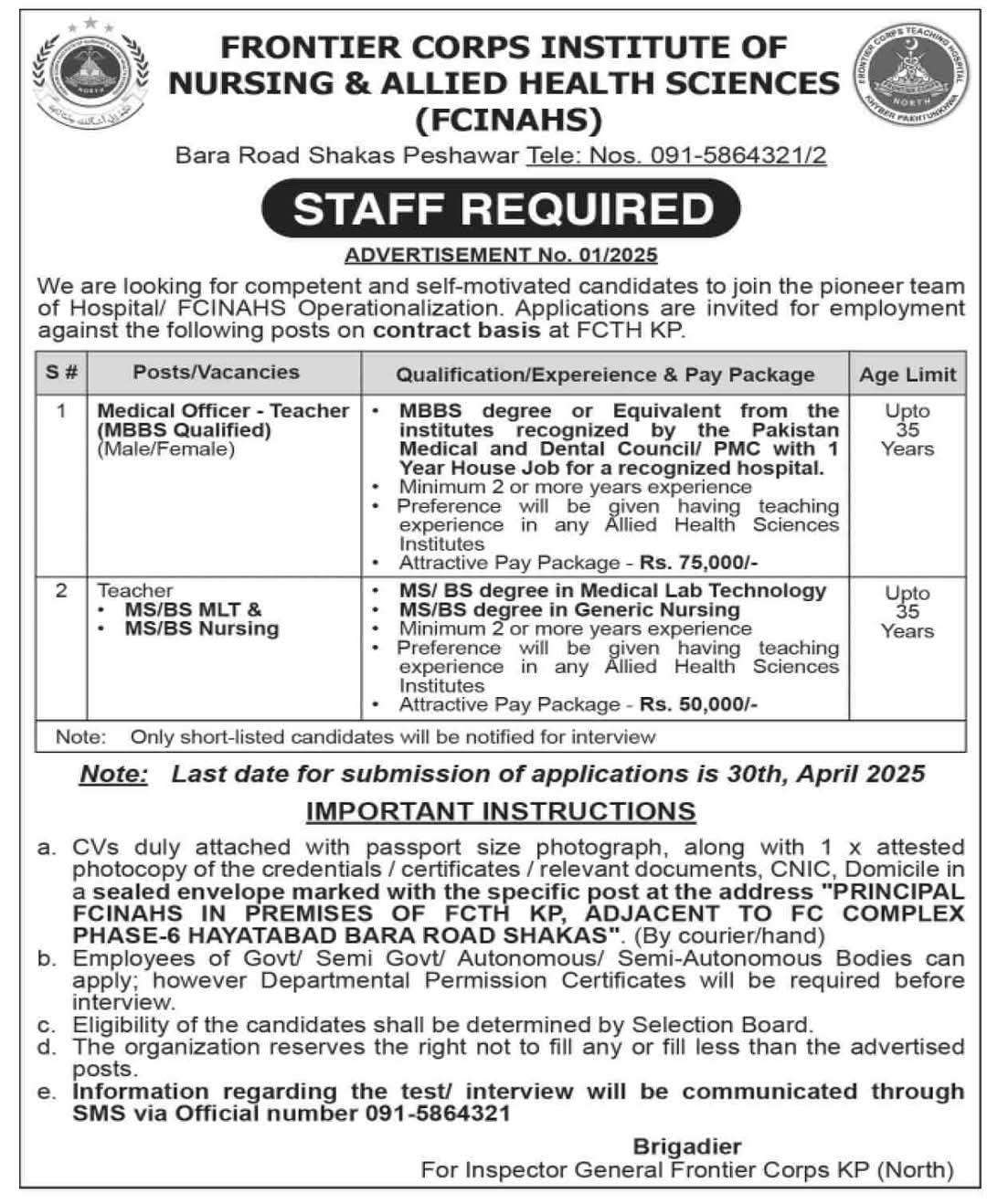 Frontier Corps Teaching Hospital Peshawar Jobs 2025 - Online Apply