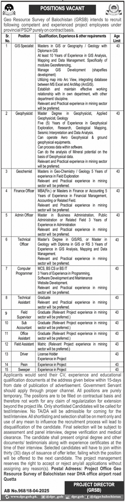 Geo Resource Survey of Balochistan GRSB Jobs 2025