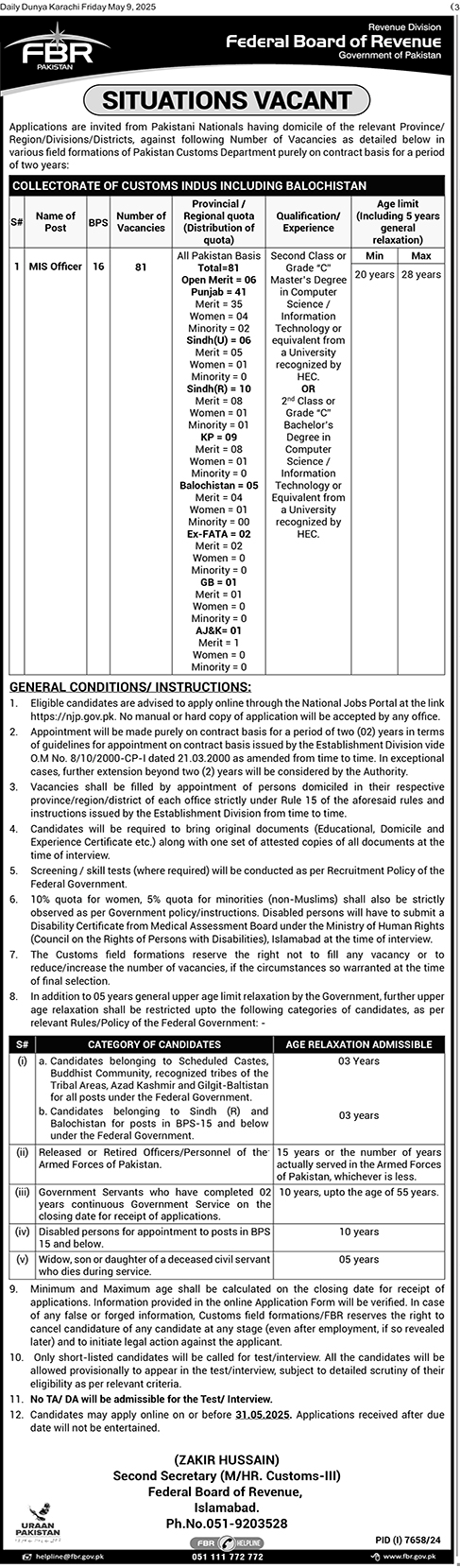 Federal Board Of Revenue FBR MIS Officer Jobs 2025