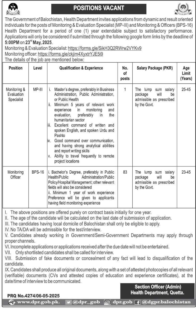 Health Department Balochistan Jobs 2025,Pakistan
