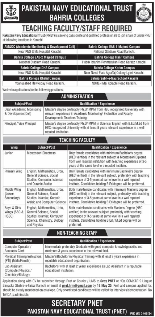 Pakistan Navy Educational Trust Bahria Colleges Jobs 2025