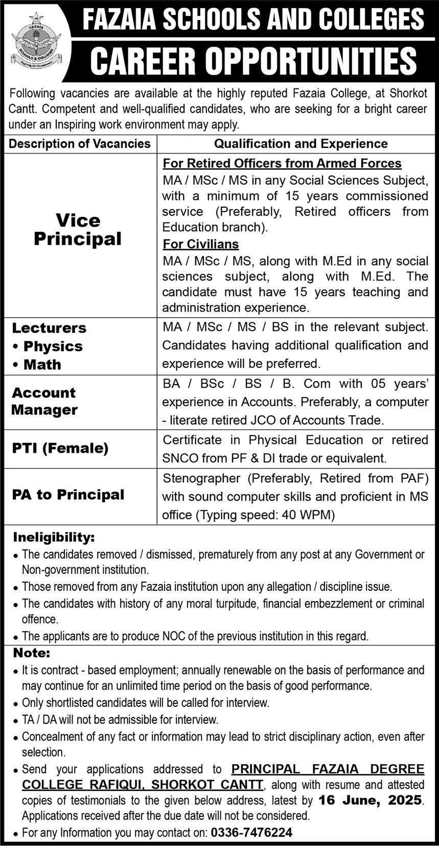 Fazaia Schools And Colleges Shorkot Jobs 2025